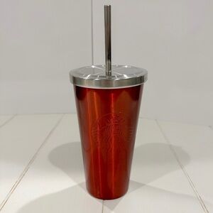 Starbucks 2014 Red Stainless Steel Tumbler Grande 16 oz Metal Straw & Lid